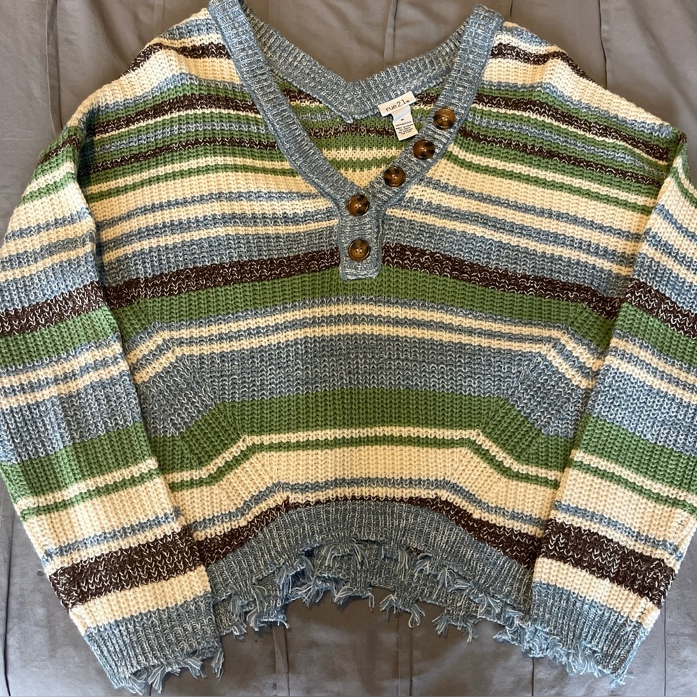 NWT Striped V‑Neck Button Front Sweater - Green/Blue/Cream